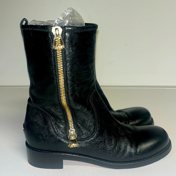 Jimmy Choo Black Leather Gold Zipper Flat Biker Boots Size 39